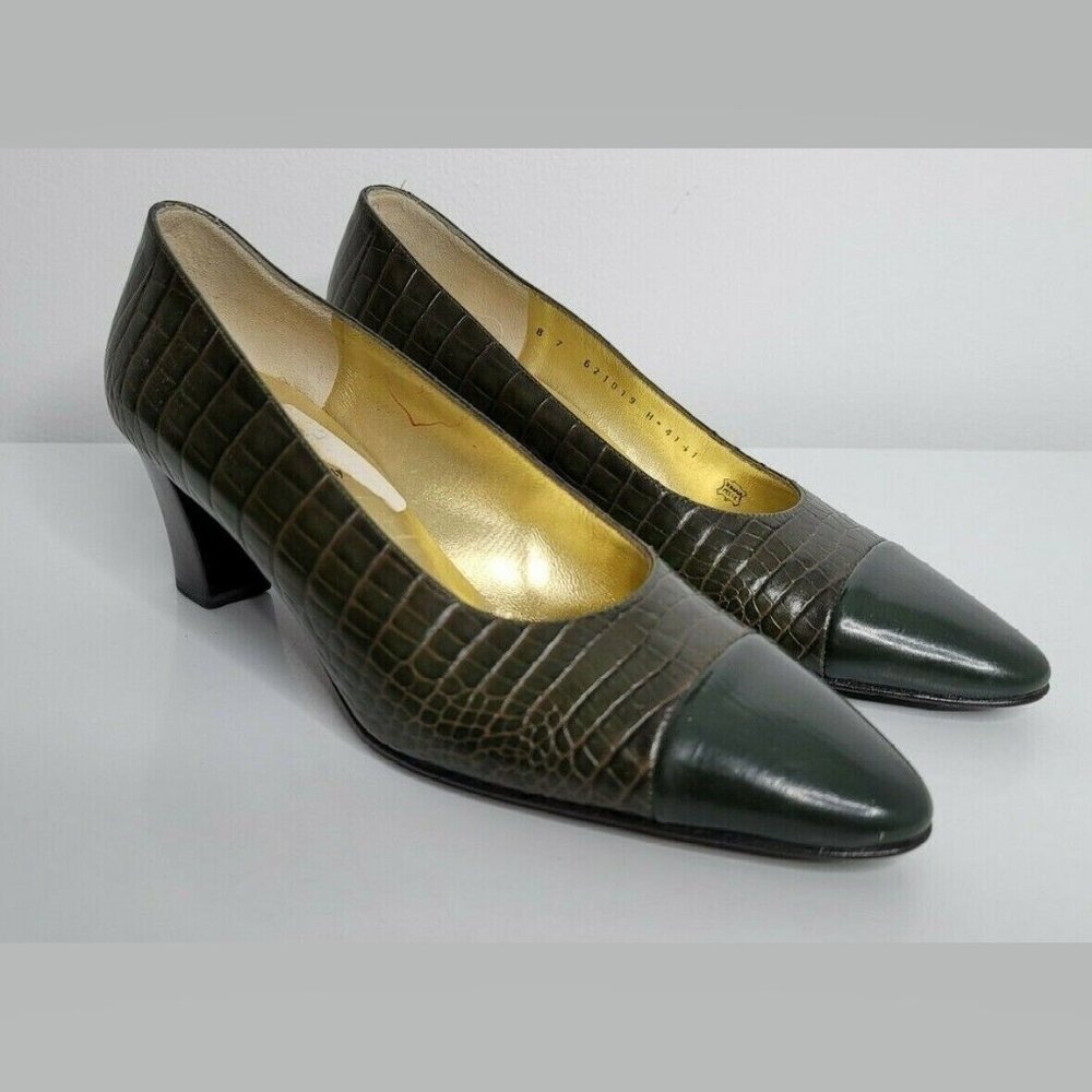BRUNO MAGLI Womens 7 Green Lizard Print Heels Cuir Leather Pump Shoes Italy Made